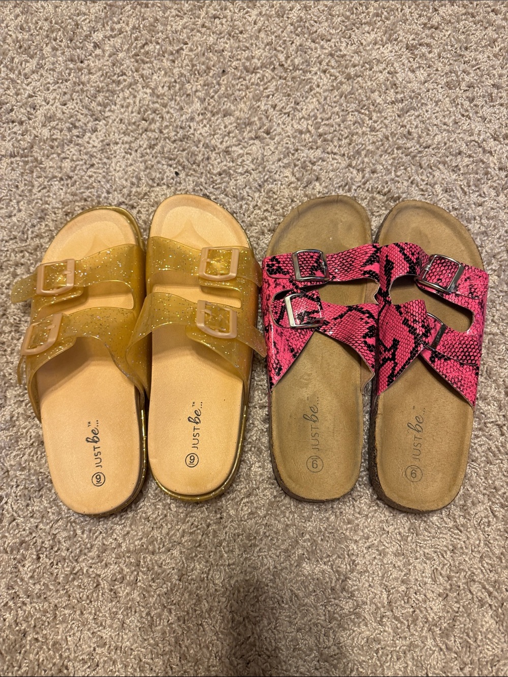 2 pk WNS Just Be Slides Pink Snake-Print Slide Sandals and Gold Glitter Sz 9